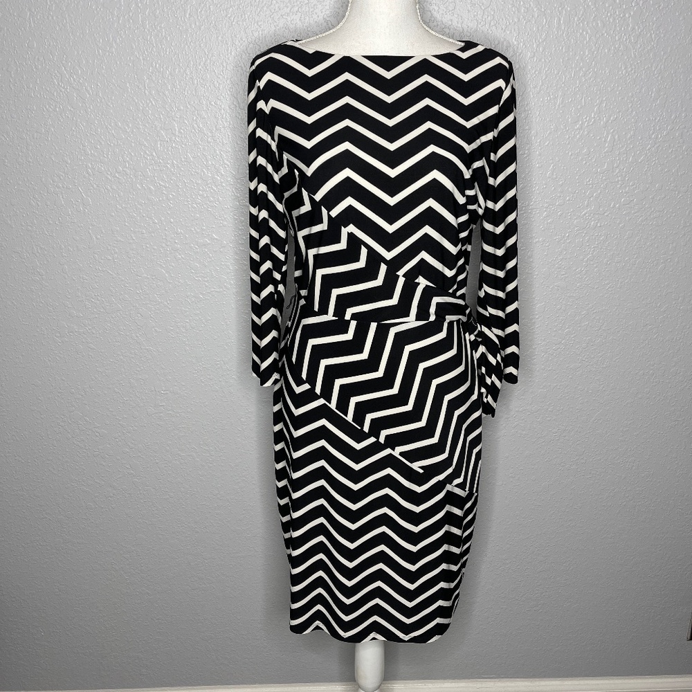 Ralph Lauren Chevron Faux ‎ Wrap Dress size 10 Blak and white Chevron pattern
